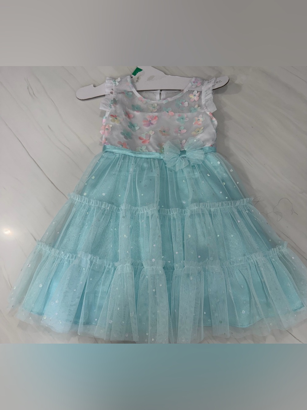 Jona Michelle Aqua Tulle Party Dress with Pastel Floral Bodice